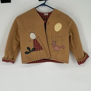 LINDA J DESIGNS Girls Jacket Size 4T Tan Applique Plaid Lined Folk Art Button Up